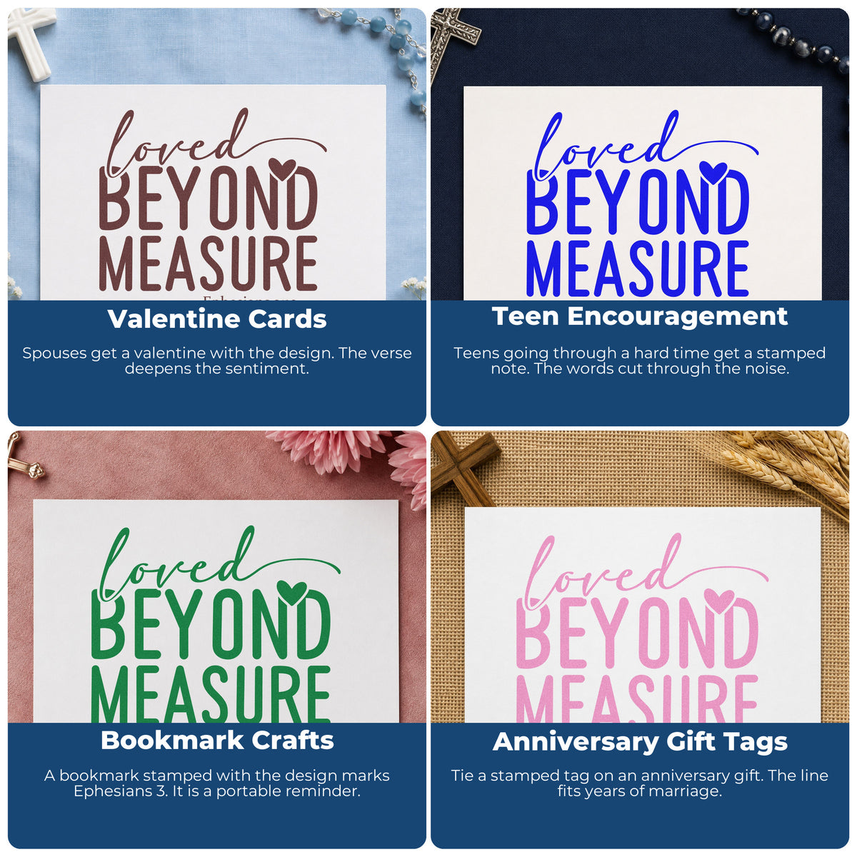 Four ways to use the Loved Beyond Measure With Hearts Rubber Stamp – Wood Handle: valentine cards, teen encouragement, bookmark crafts and anniversary gift tags.