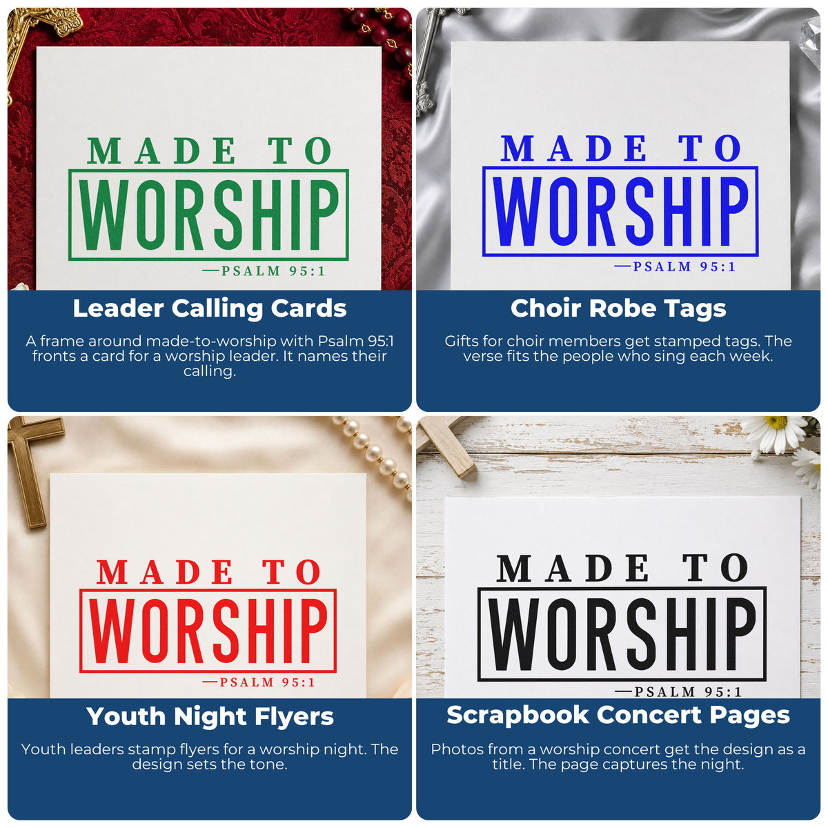 Four ways to use the Wood Handle Made To Worship Rubber Stamp: leader calling cards, choir robe tags, youth night flyers and scrapbook concert pages.