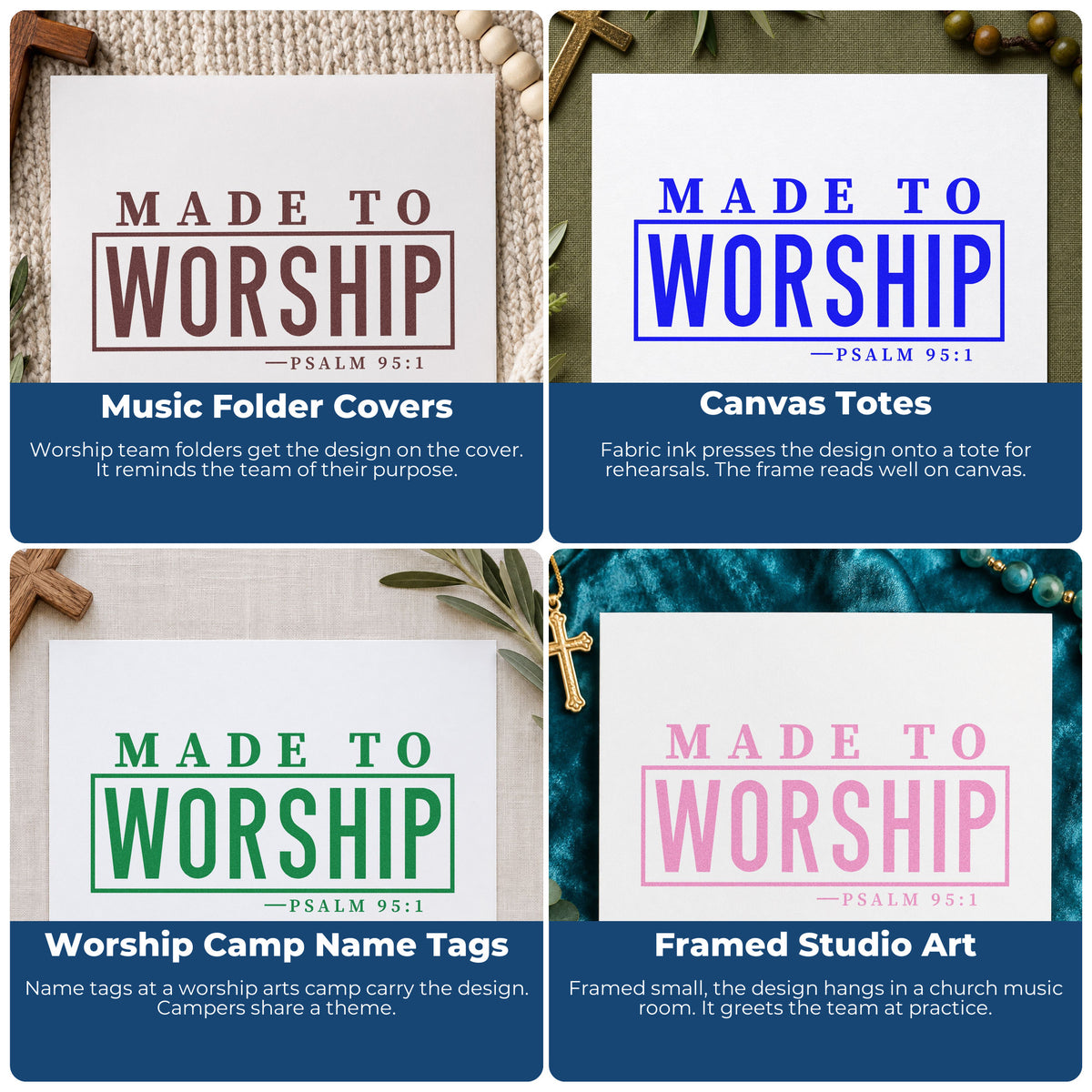 Four ways to use the Wood Handle Made To Worship Rubber Stamp: music folder covers, canvas totes, worship camp name tags and framed studio art.