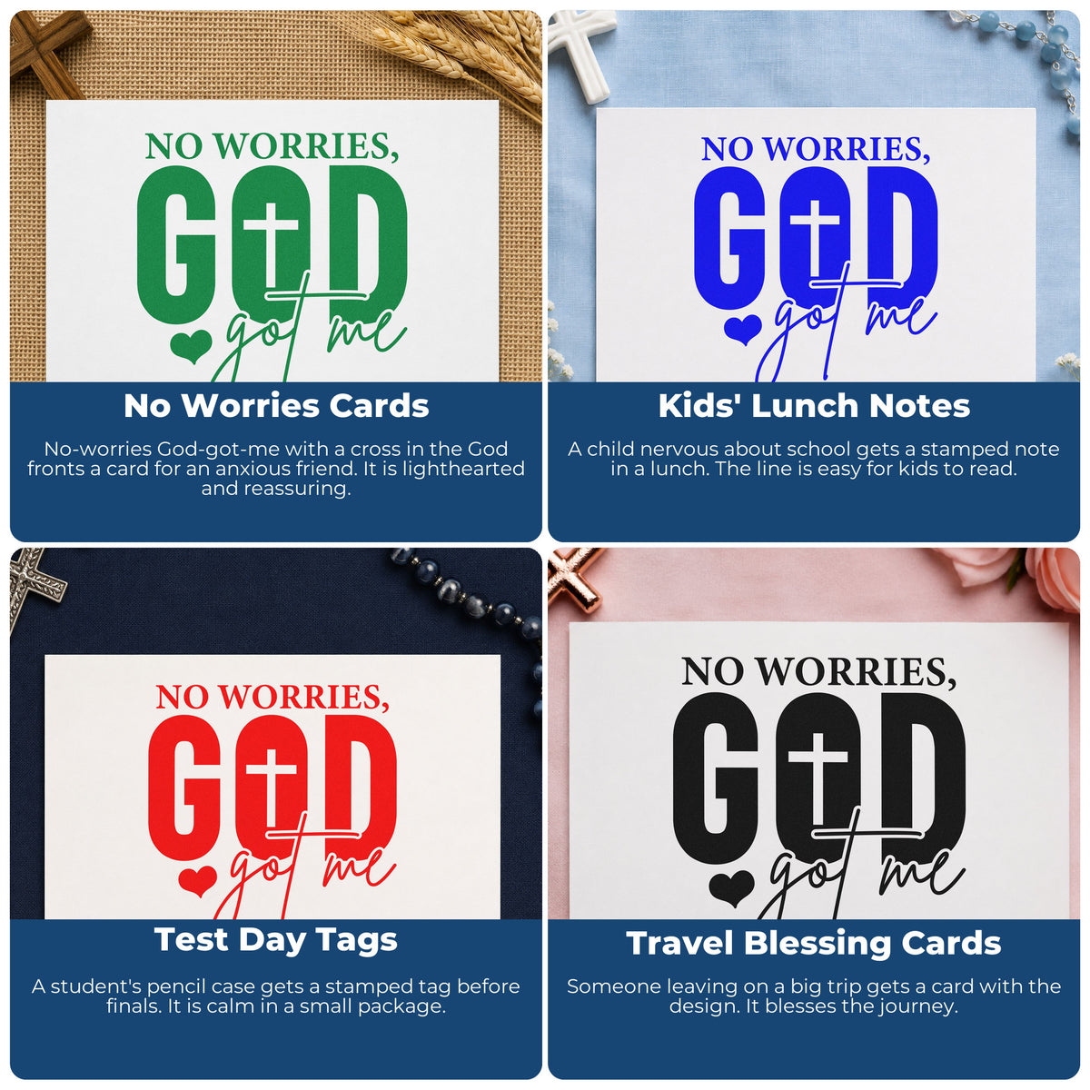 Four ways to use the No Worries God Got Me PSI Pre-Inked Stamp: no worries cards, kids' lunch notes, test day tags and travel blessing cards.