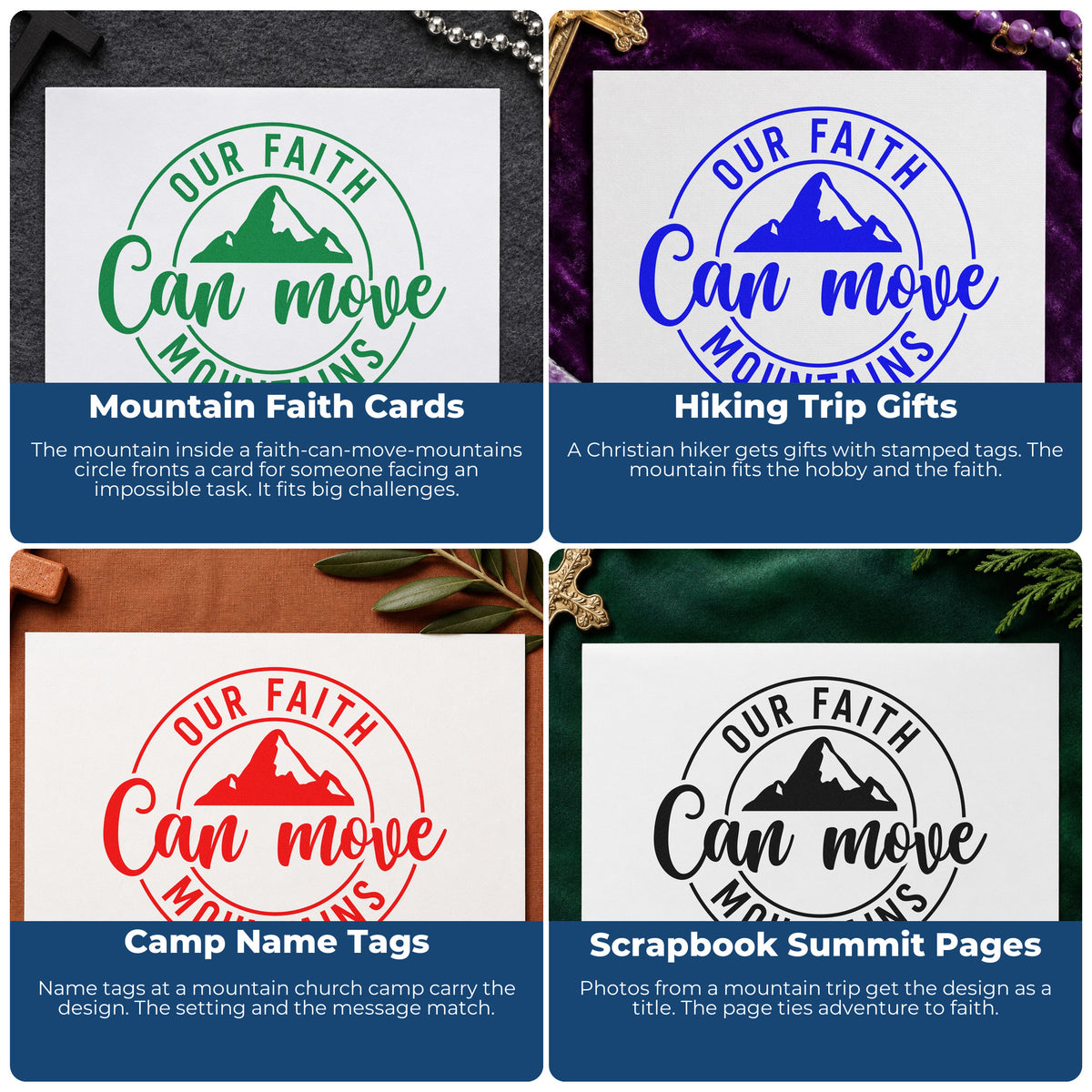 Four ways to use the Faith Can Move Mountains Stamp – Wood Handle: mountain faith cards, hiking trip gifts, camp name tags and scrapbook summit pages.