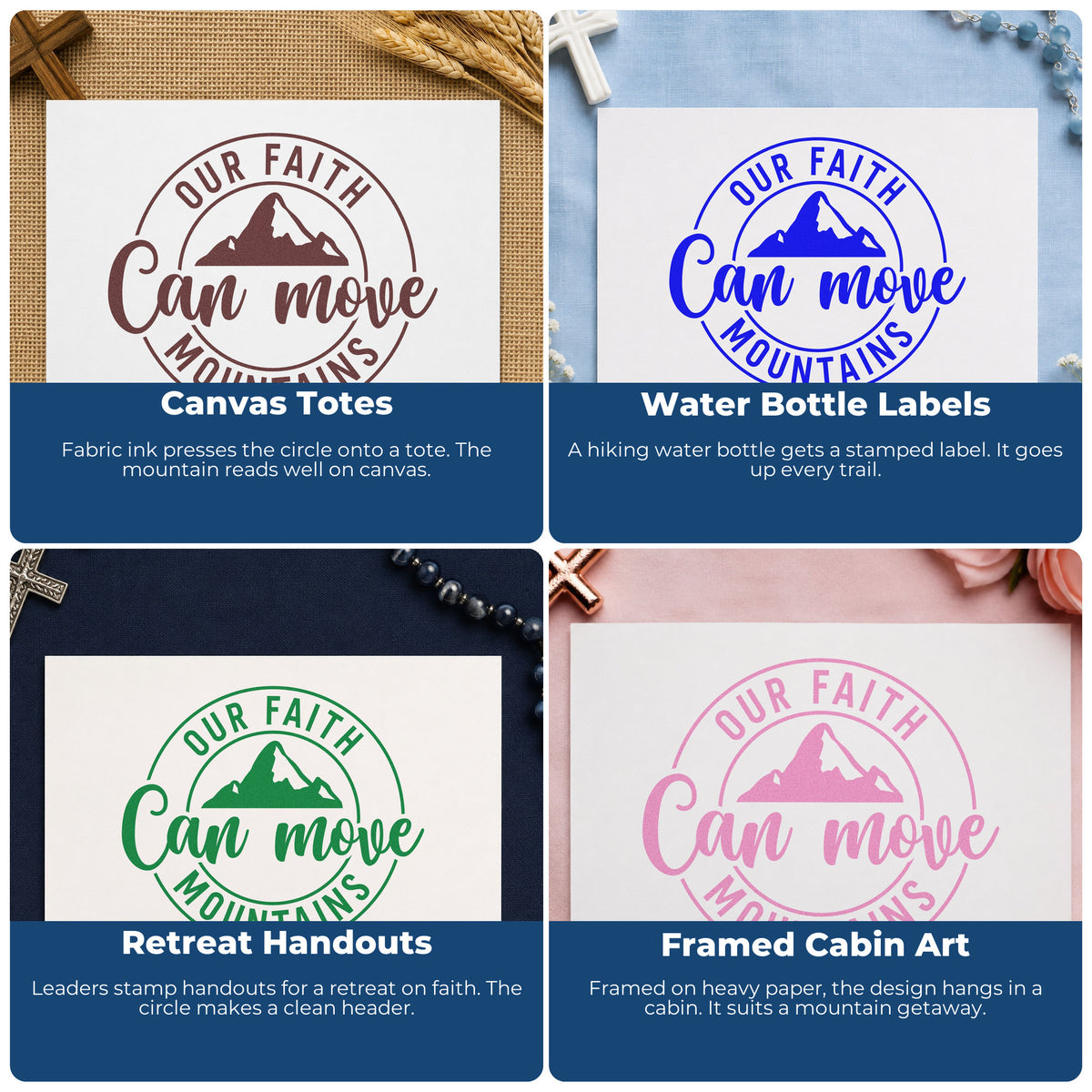 Four ways to use the Faith Can Move Mountains Stamp – Wood Handle: canvas totes, water bottle labels, retreat handouts and framed cabin art.