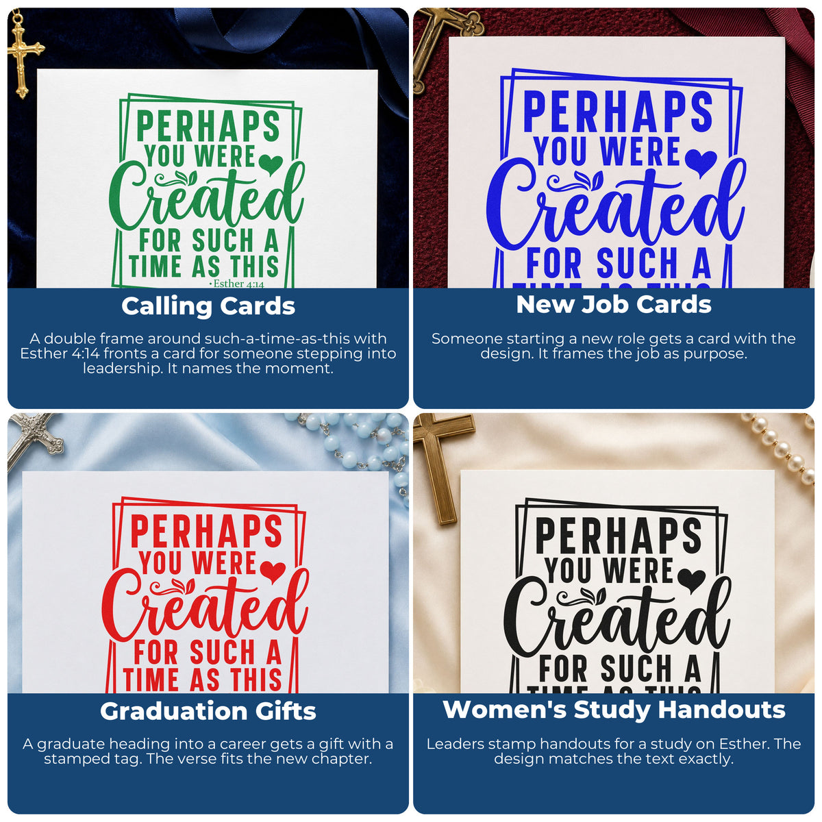 Four ways to use the Premium Wooden Created For Such A Time Stamp - Vintage Pro: calling cards, new job cards, graduation gifts and women's study handouts.