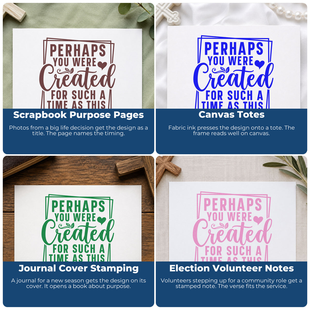 Four ways to use the Premium Wooden Created For Such A Time Stamp - Vintage Pro: scrapbook purpose pages, canvas totes, journal cover stamping and election volunteer notes.