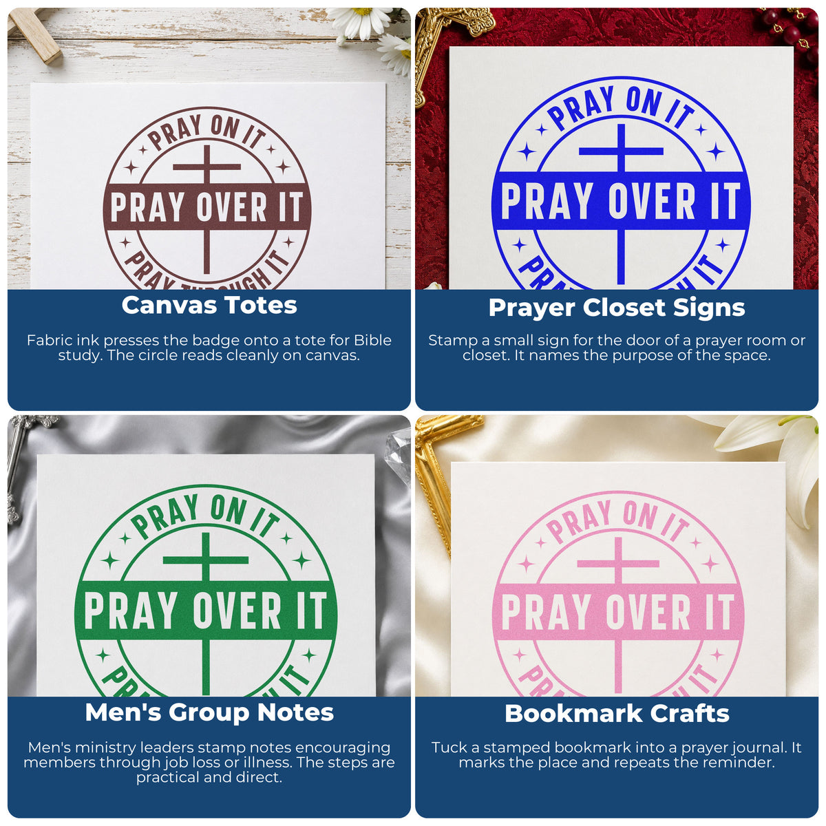 Four ways to use the Self-Inking Pray On It Badge Stamp: canvas totes, prayer closet signs, men's group notes and bookmark crafts.