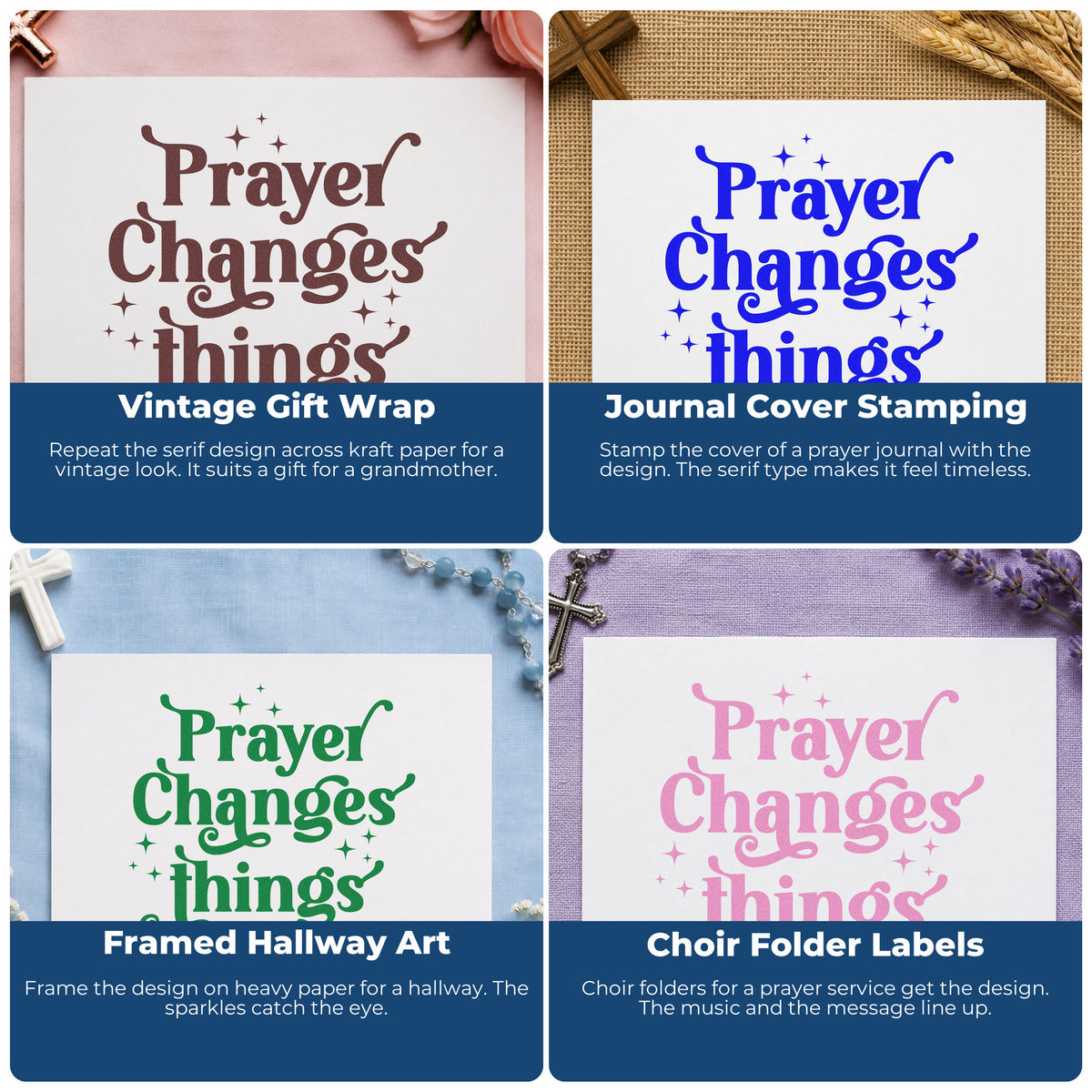Four ways to use the Prayer Changes Things With Sparkles Slim Pre-Inked Stamp: vintage gift wrap, journal cover stamping, framed hallway art and choir folder labels.