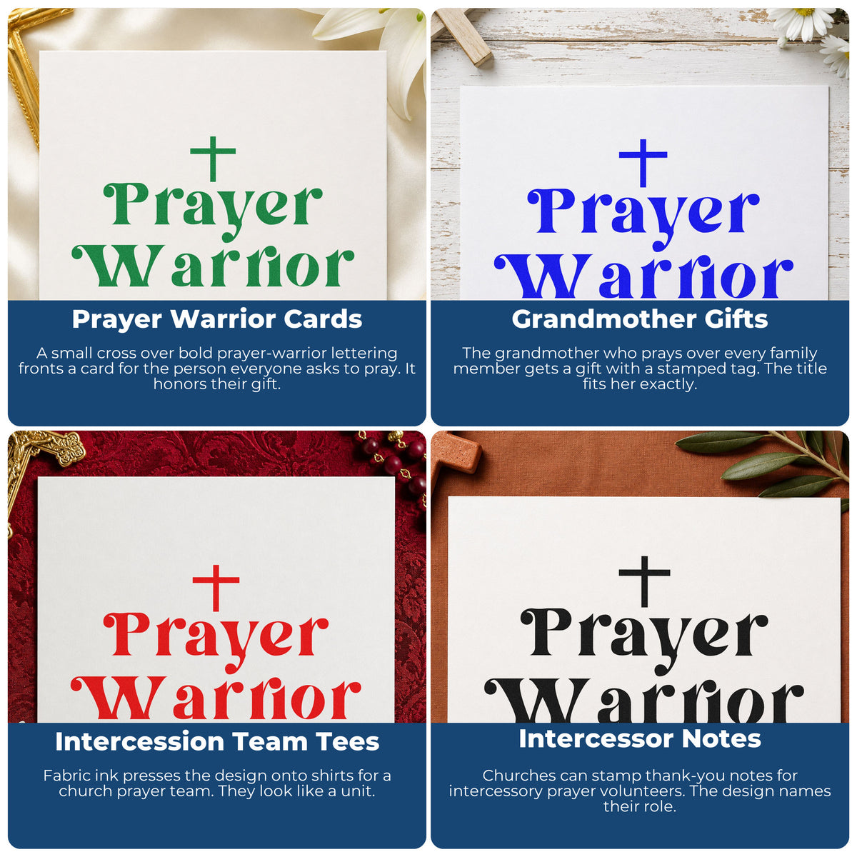 Four ways to use the Prayer Warrior Premium Wood-Mounted Stamp - Vintage Pro: prayer warrior cards, grandmother gifts, intercession team tees and intercessor notes.