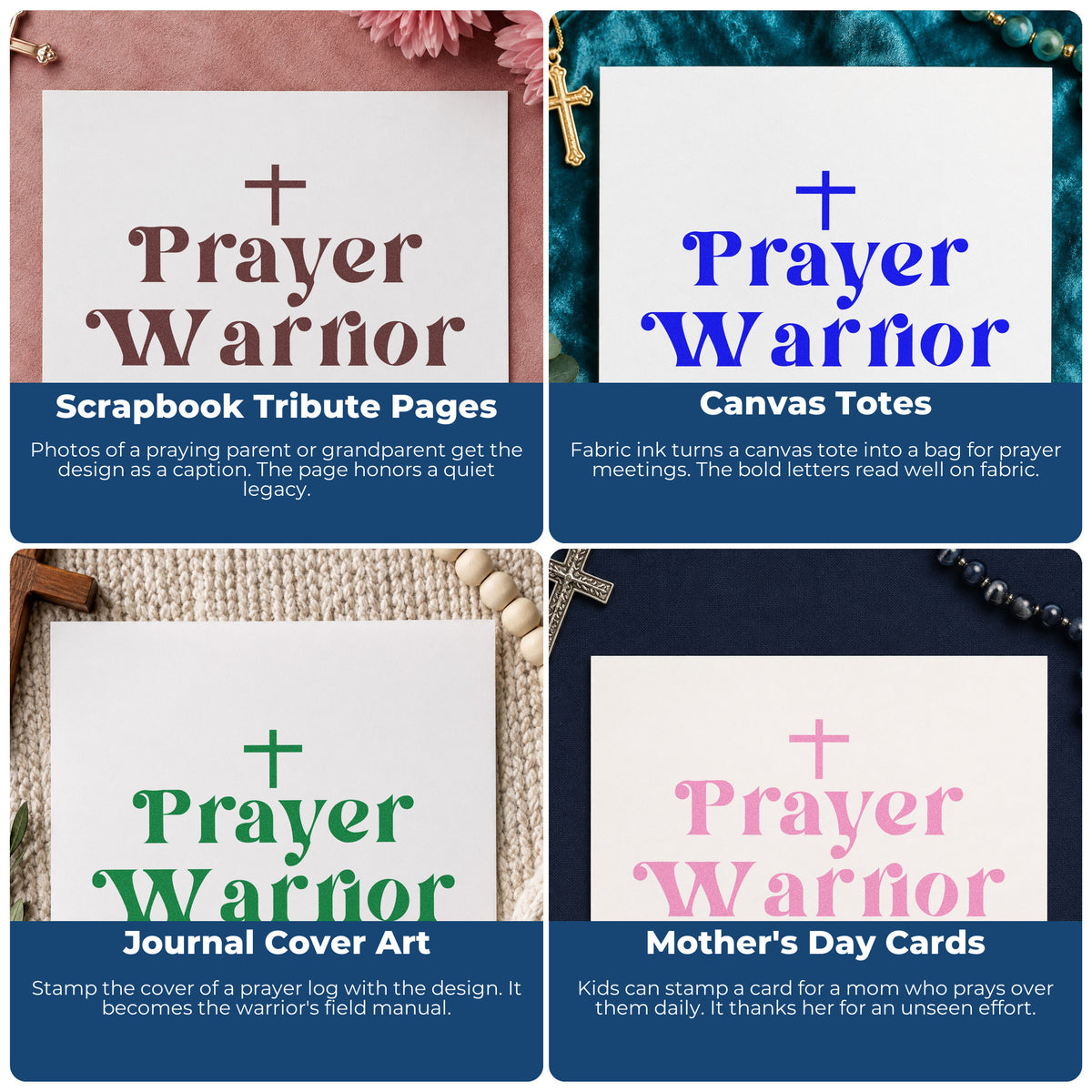 Four ways to use the Prayer Warrior Premium Wood-Mounted Stamp - Vintage Pro: scrapbook tribute pages, canvas totes, journal cover art and mother's day cards.