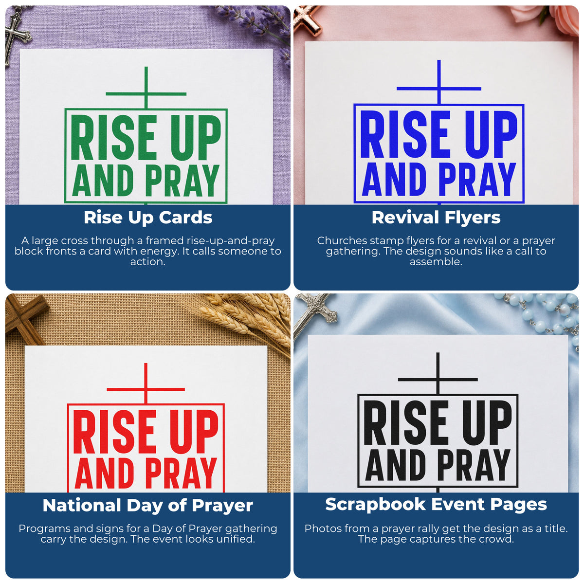 Four ways to use the Pre-Inked Rise Up And Pray Stamp – PSI: rise up cards, revival flyers, national day of prayer and scrapbook event pages.