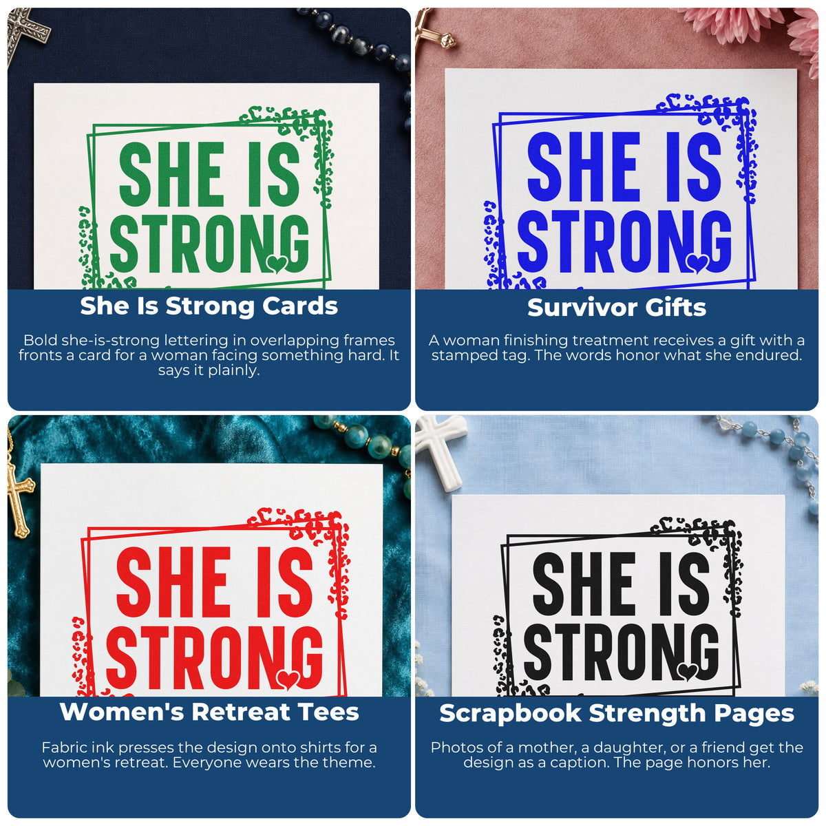 Four ways to use the She Is Strong Leaf Accents Stamp – Wood Handle: she is strong cards, survivor gifts, women's retreat tees and scrapbook strength pages.