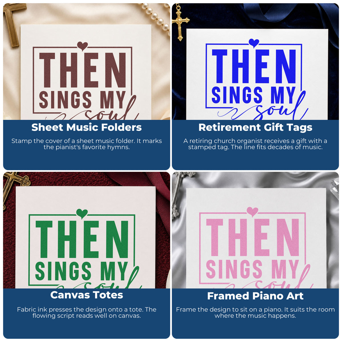 Four ways to use the Then Sings My Soul Premium Wood-Mounted Stamp - Vintage Pro: sheet music folders, retirement gift tags, canvas totes and framed piano art.