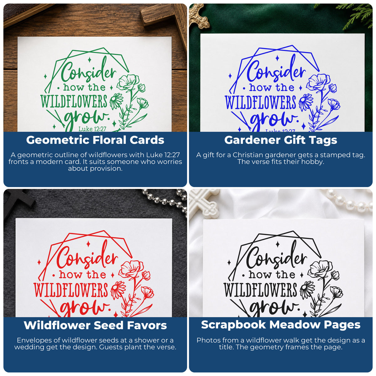 Four ways to use the Wildflowers Geometric Framed Lettering Stamp - Premium Vintage Pro Wooden: geometric floral cards, gardener gift tags, wildflower seed favors and scrapbook meadow pages.