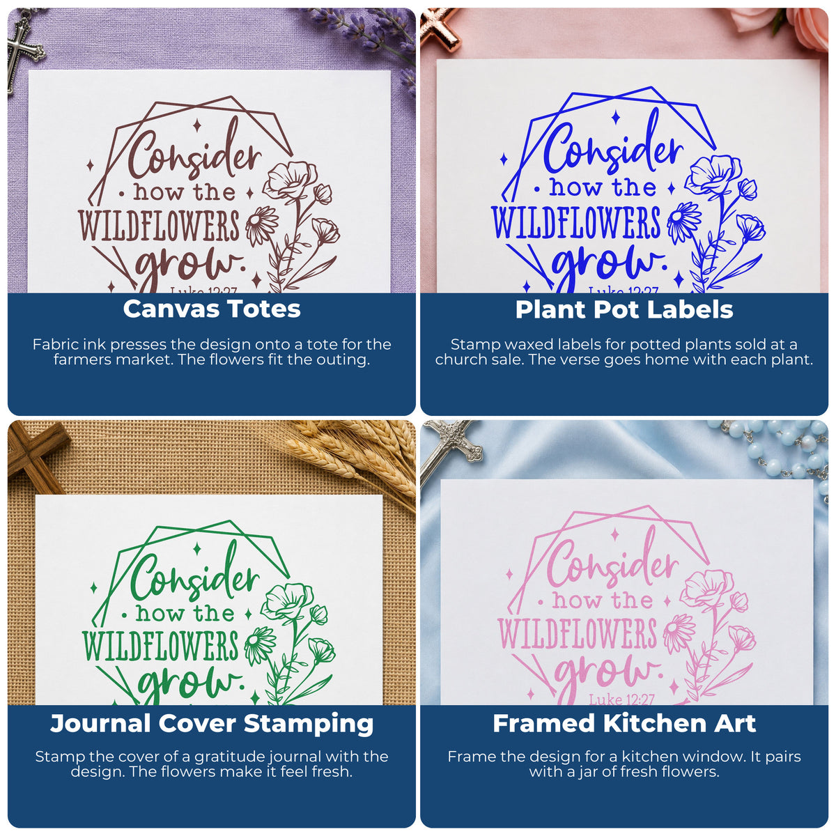 Four ways to use the Wildflowers Geometric Framed Lettering Stamp - Premium Vintage Pro Wooden: canvas totes, plant pot labels, journal cover stamping and framed kitchen art.