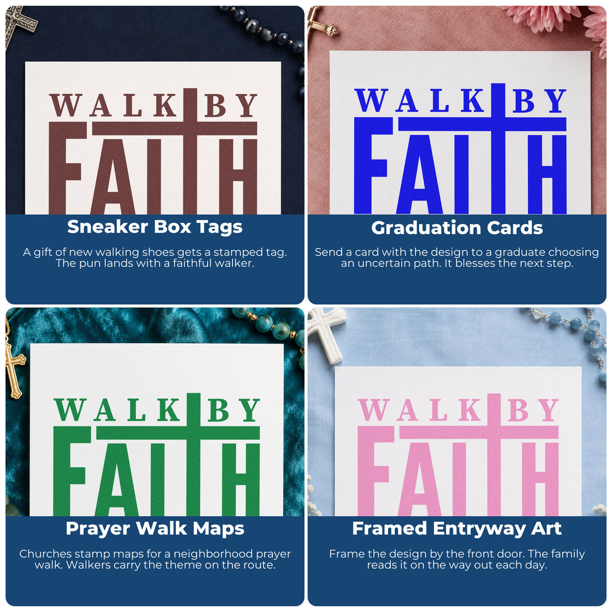 Four ways to use the Walk By Faith Self-Inking Stamp: sneaker box tags, graduation cards, prayer walk maps and framed entryway art.