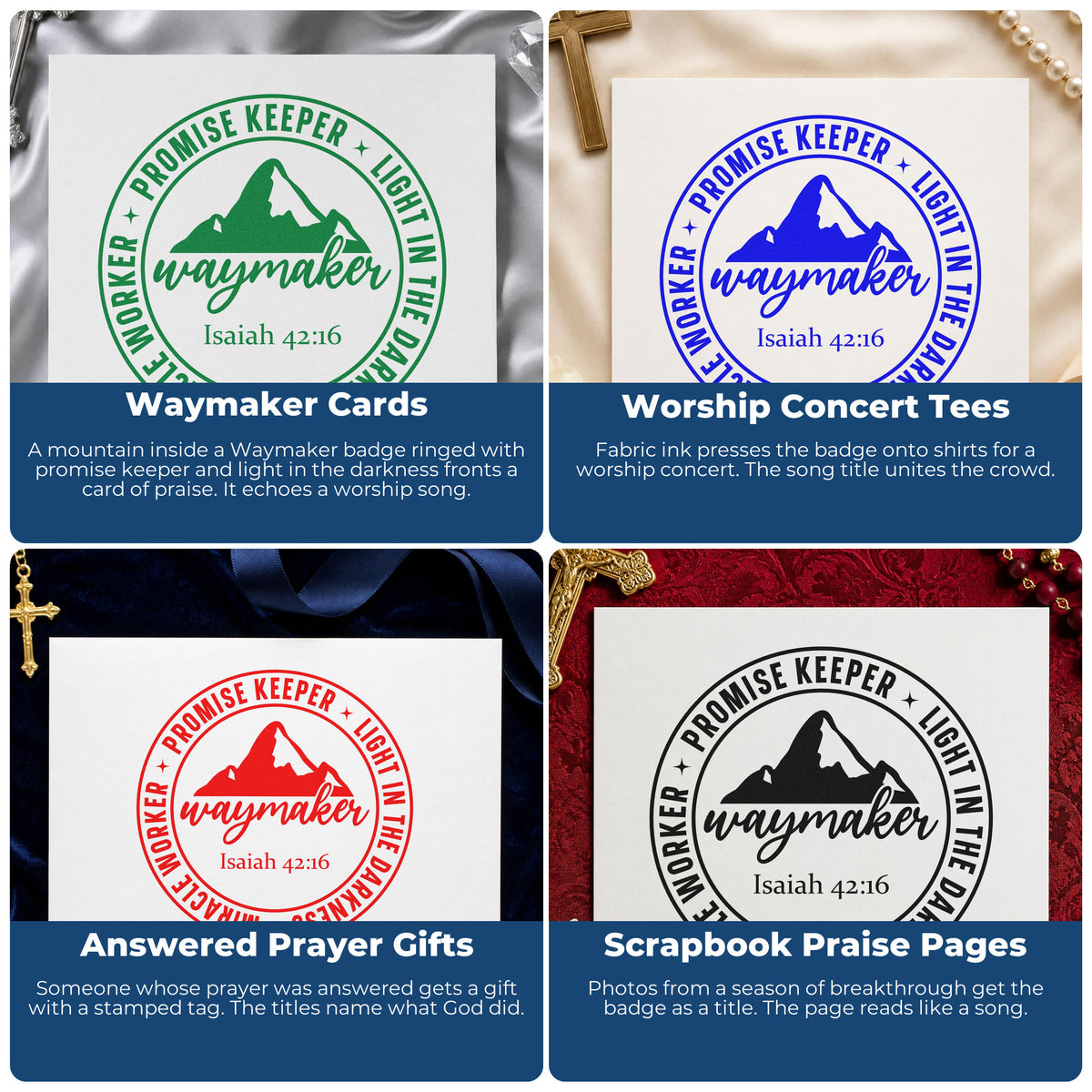 Four ways to use the Waymaker Mountain Emblem Slim Pre-Inked Stamp: waymaker cards, worship concert tees, answered prayer gifts and scrapbook praise pages.
