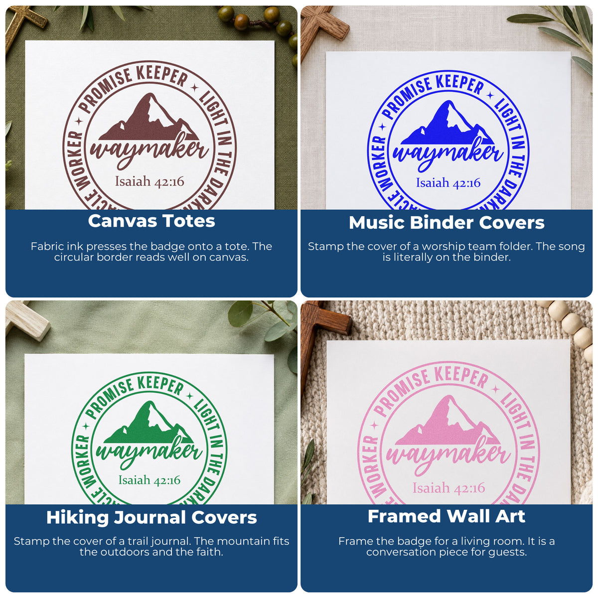 Four ways to use the Waymaker Mountain Emblem Slim Pre-Inked Stamp: canvas totes, music binder covers, hiking journal covers and framed wall art.