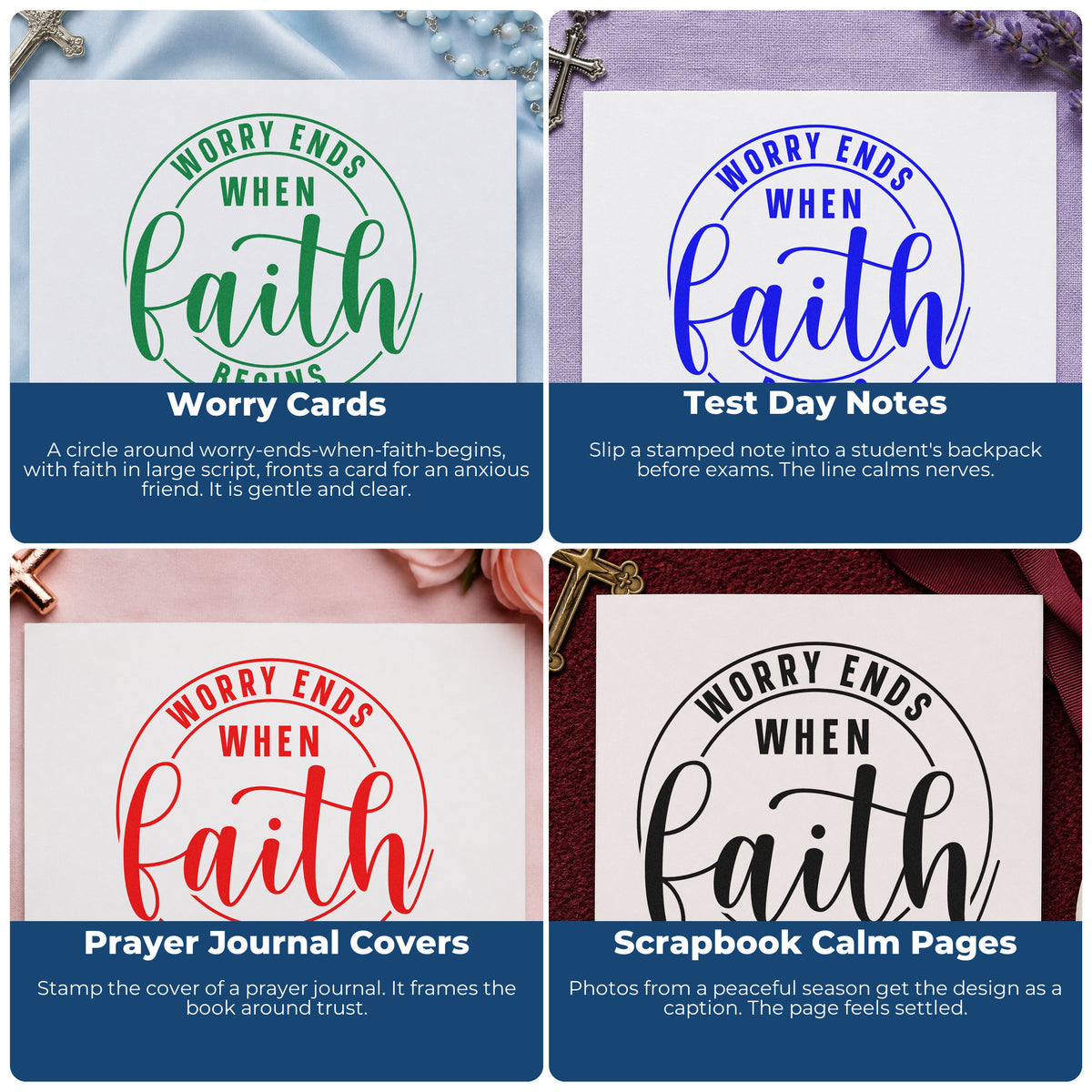 Four ways to use the Wood Handle Worry Ends When Faith Begins Rubber Stamp: worry cards, test day notes, prayer journal covers and scrapbook calm pages.