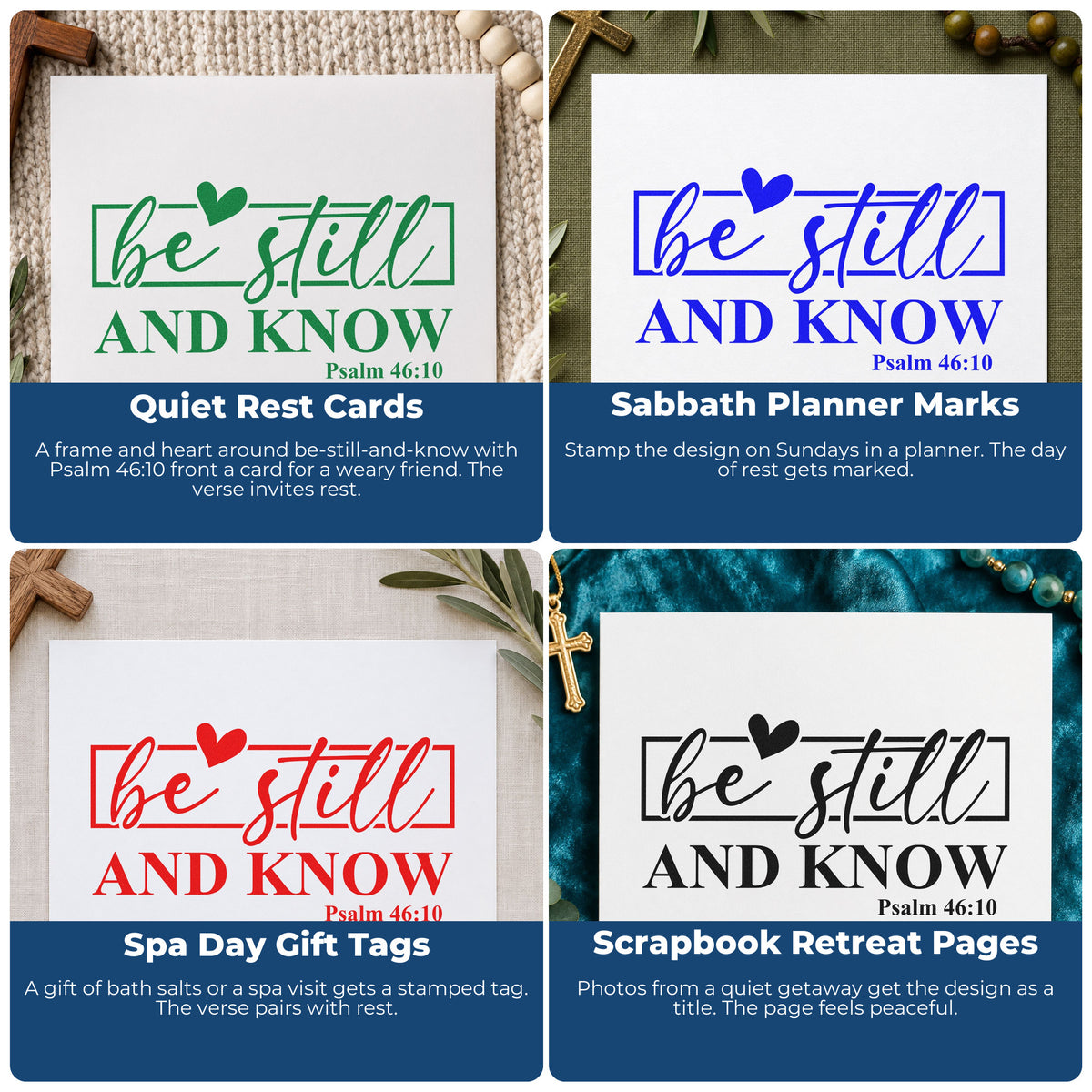 Four ways to use the Be Still And Know Rubber Stamp – Wood Handle: quiet rest cards, sabbath planner marks, spa day gift tags and scrapbook retreat pages.