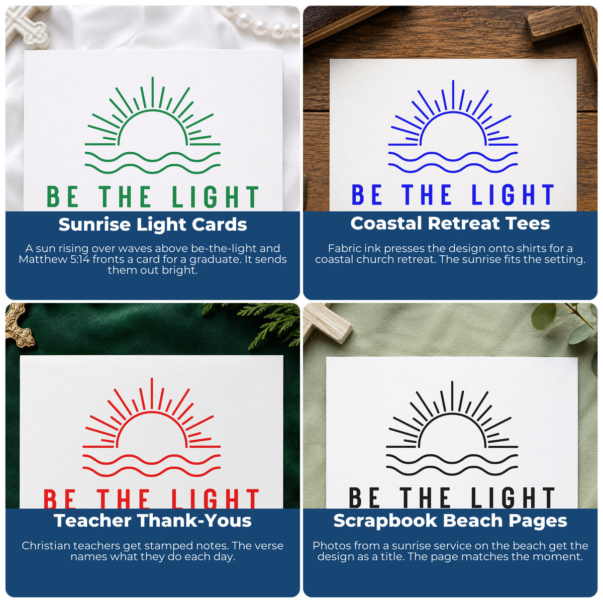 Four ways to use the Be The Light Sunrise Wood Handle Stamp: sunrise light cards, coastal retreat tees, teacher thank-yous and scrapbook beach pages.
