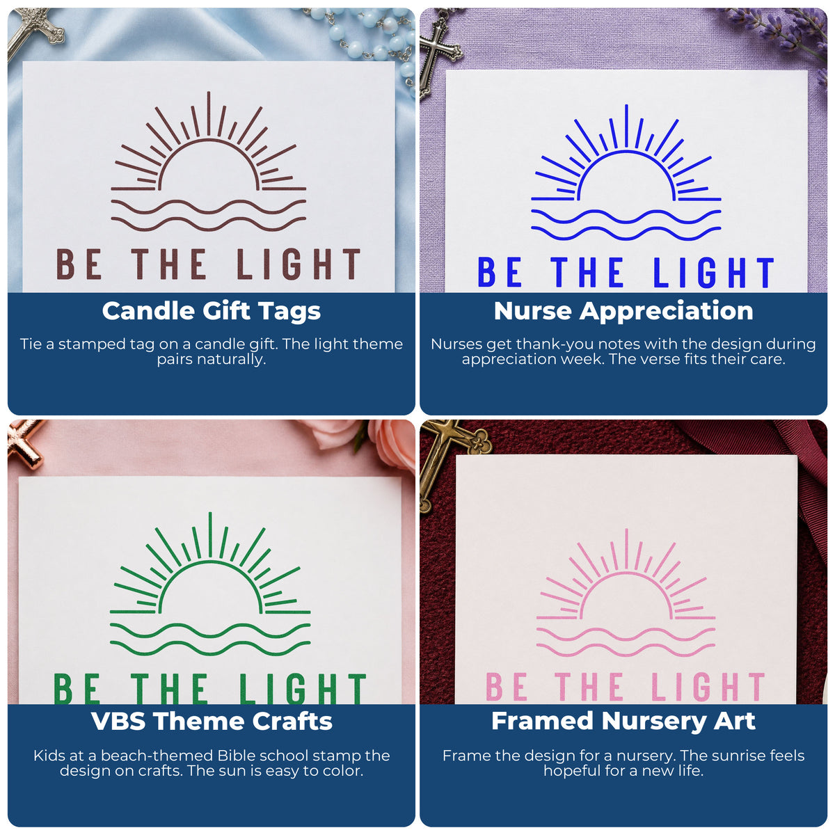 Four ways to use the Be The Light Sunrise Wood Handle Stamp: candle gift tags, nurse appreciation, vbs theme crafts and framed nursery art.