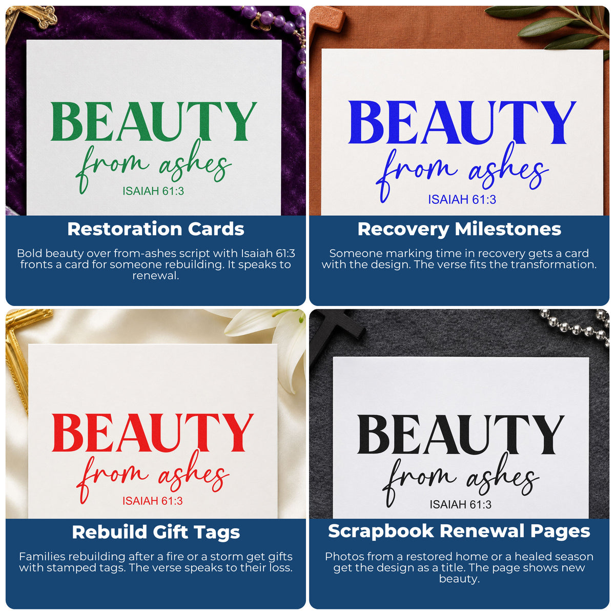 Four ways to use the Beauty From Ashes Craft Stamp – Self-Inking: restoration cards, recovery milestones, rebuild gift tags and scrapbook renewal pages.
