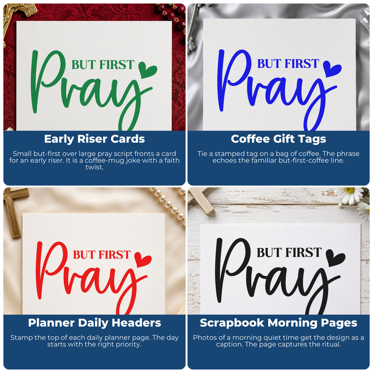 Four ways to use the But First Pray With Hearts Stamp – Wood Handle: early riser cards, coffee gift tags, planner daily headers and scrapbook morning pages.