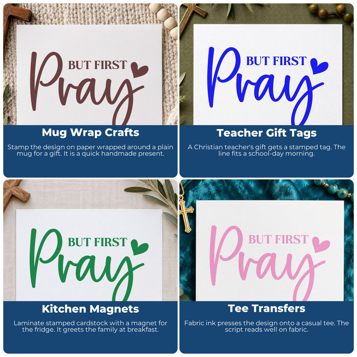 Four ways to use the But First Pray With Hearts Stamp – Wood Handle: mug wrap crafts, teacher gift tags, kitchen magnets and tee transfers.