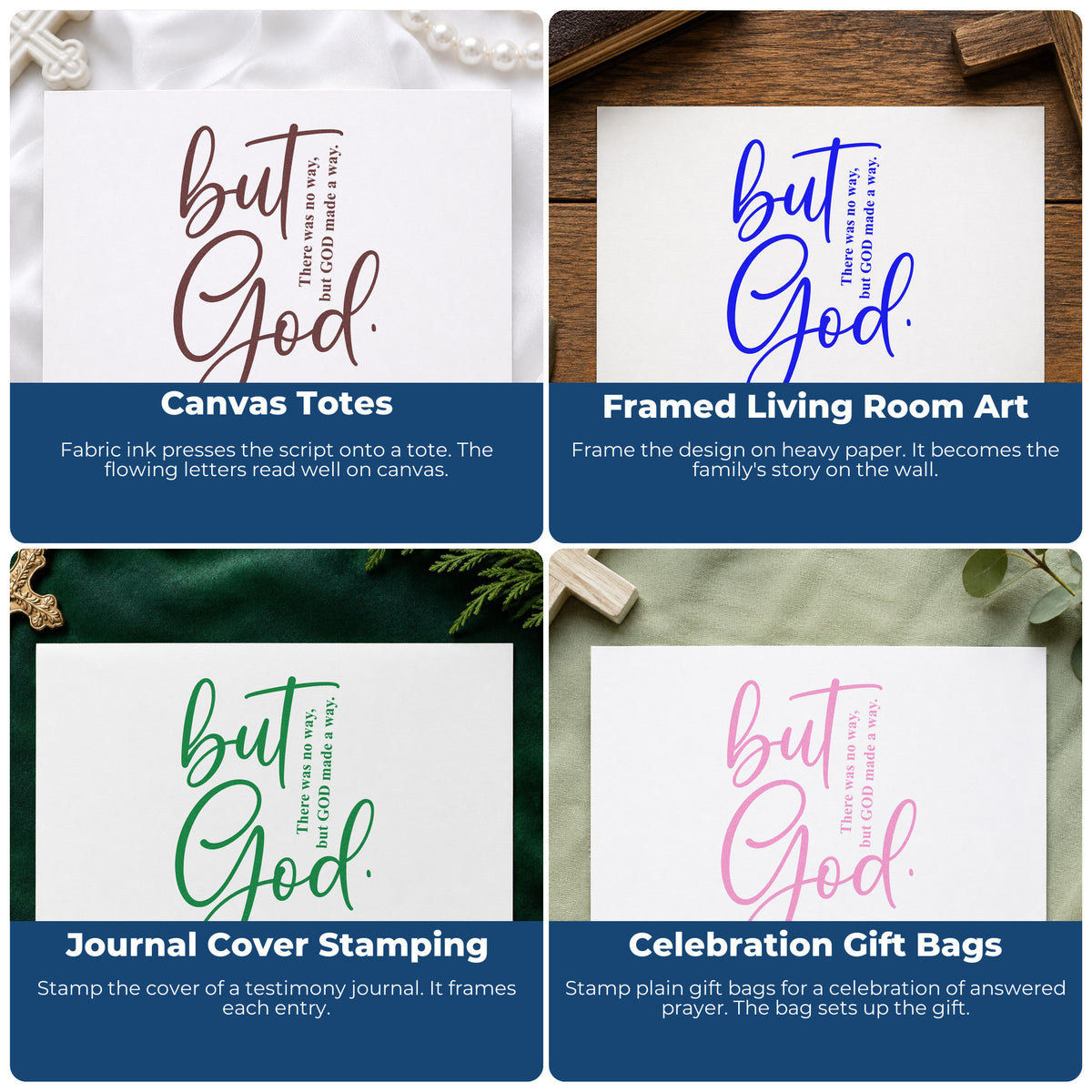 Four ways to use the Vintage Pro But God Script Premium Wooden Stamp: canvas totes, framed living room art, journal cover stamping and celebration gift bags.