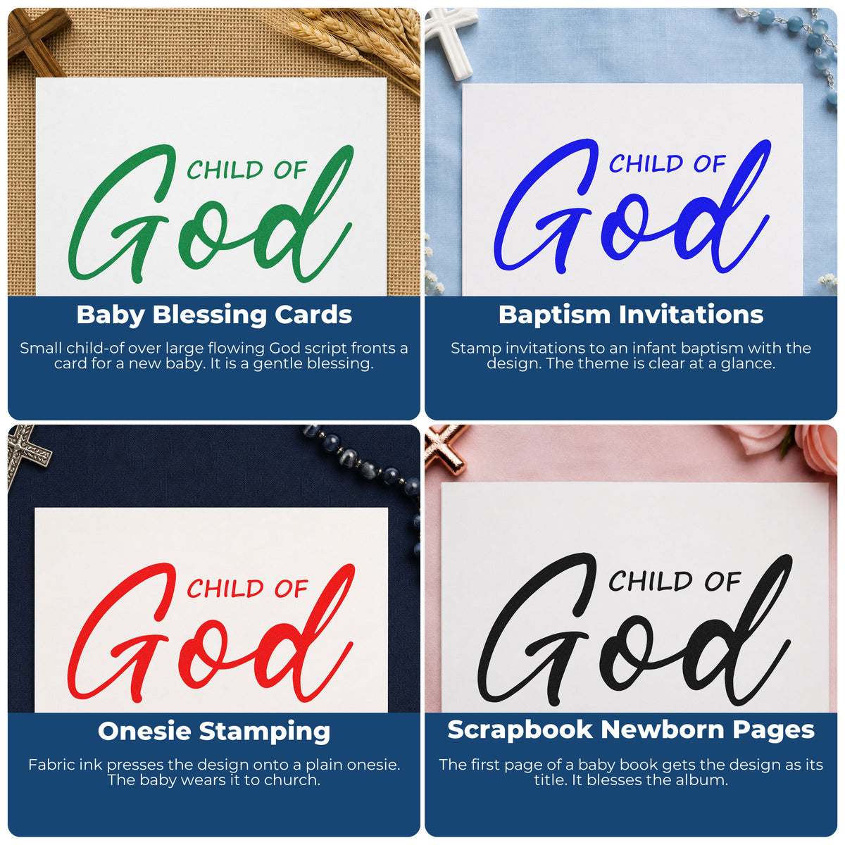 Four ways to use the Child Of God Script Lettering Wood Handle Stamp: baby blessing cards, baptism invitations, onesie stamping and scrapbook newborn pages.