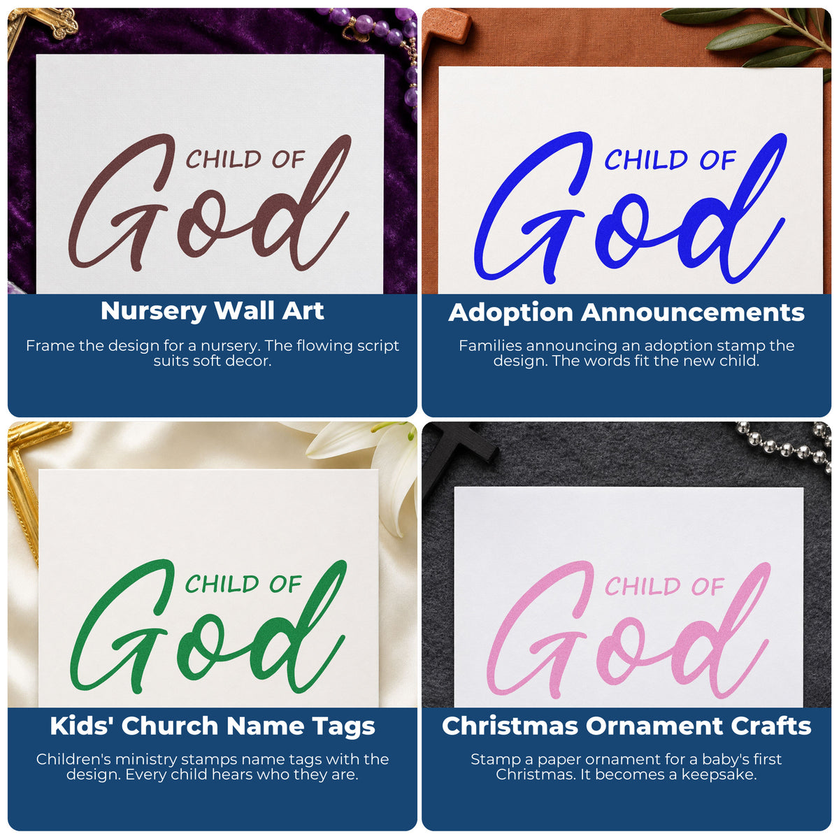 Four ways to use the Child Of God Script Lettering Wood Handle Stamp: nursery wall art, adoption announcements, kids' church name tags and christmas ornament crafts.