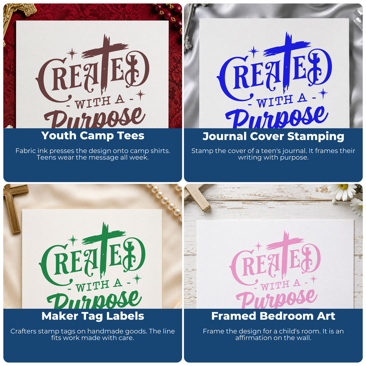 Four ways to use the Created With A Purpose Cross Self-Inking Stamp: youth camp tees, journal cover stamping, maker tag labels and framed bedroom art.