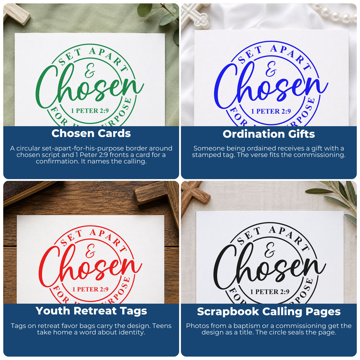Four ways to use the Chosen Script With Ampersand Border Pre-Inked Stamp – PSI: chosen cards, ordination gifts, youth retreat tags and scrapbook calling pages.
