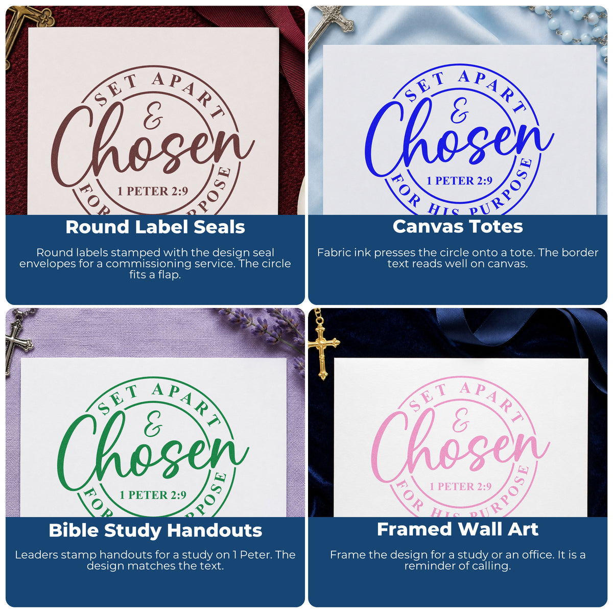 Four ways to use the Chosen Script With Ampersand Border Stamp – Duo Hand: round label seals, canvas totes, bible study handouts and framed wall art.