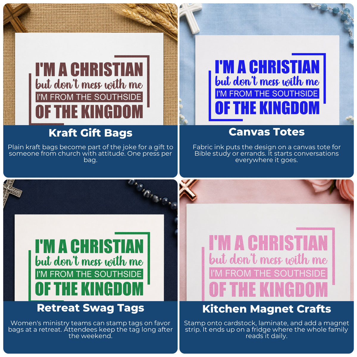 Four ways to use the Christian From The Southside Stamp – Self-Inking: kraft gift bags, canvas totes, retreat swag tags and kitchen magnet crafts.