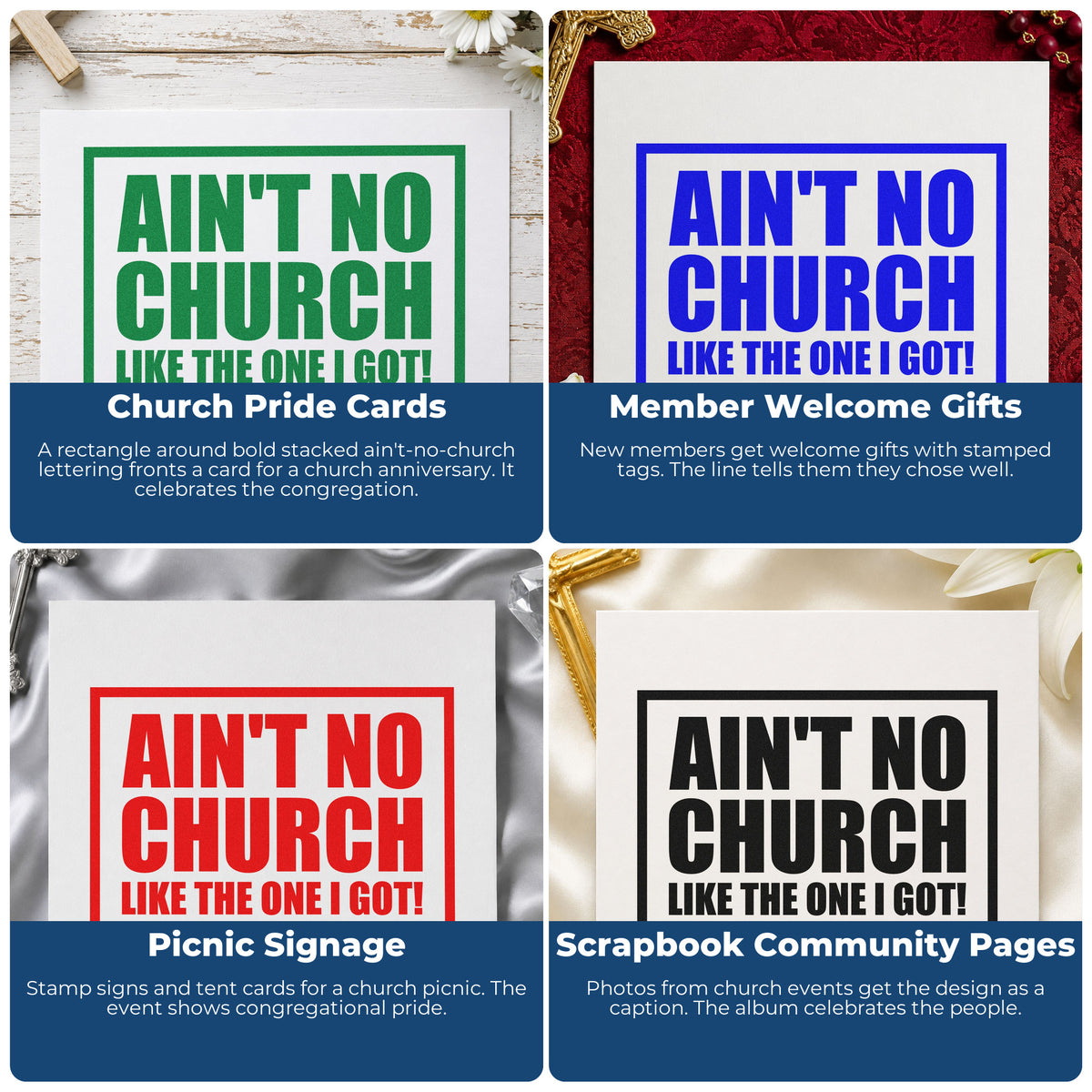 Four ways to use the Premium Wooden Ain't No Church Block Stamp - Vintage Pro: church pride cards, member welcome gifts, picnic signage and scrapbook community pages.