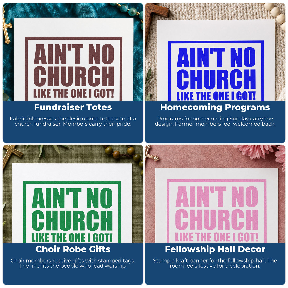 Four ways to use the Ain't No Church Block Wood Handle Stamp: fundraiser totes, homecoming programs, choir robe gifts and fellowship hall decor.