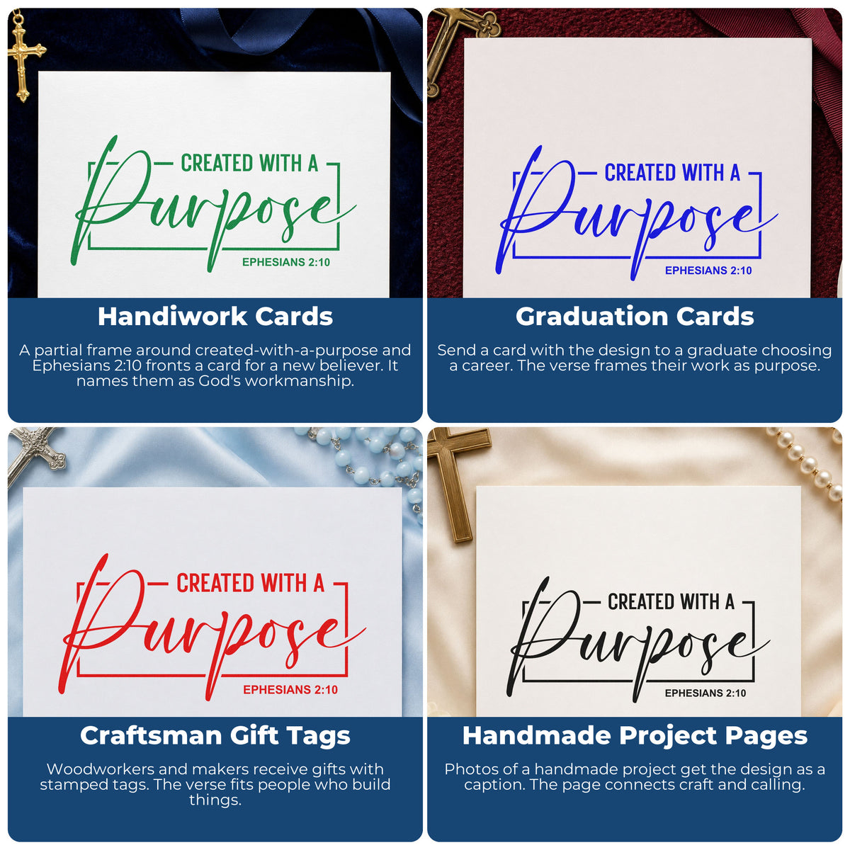 Four ways to use the Created With A Purpose Frame Premium Wood-Mounted Stamp - Vintage Pro: handiwork cards, graduation cards, craftsman gift tags and handmade project pages.