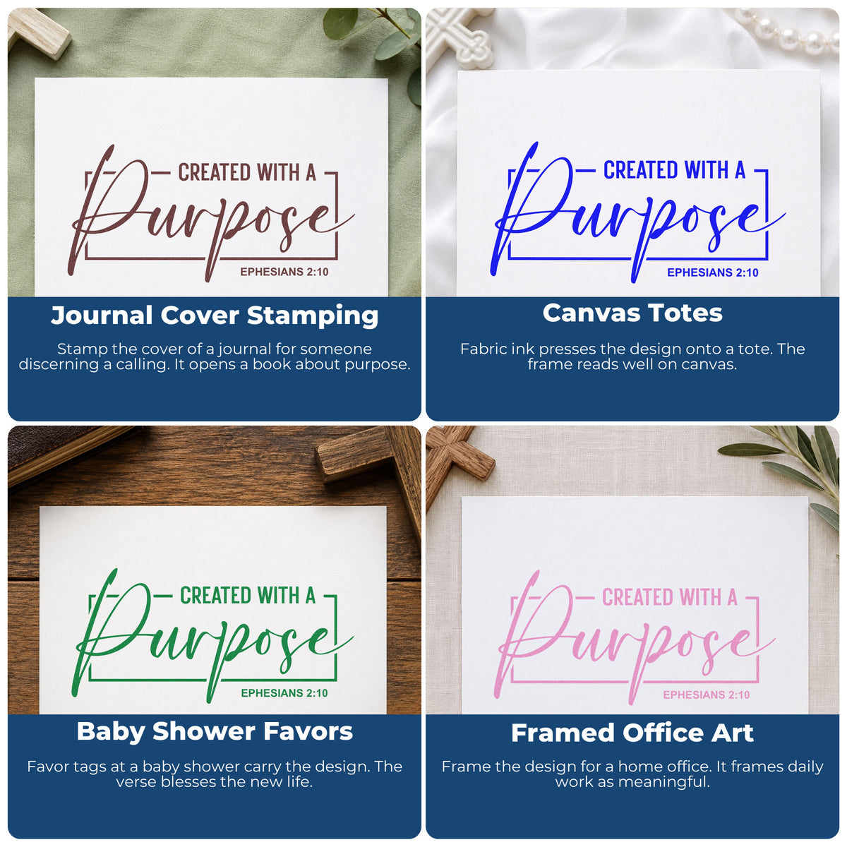 Four ways to use the Created With A Purpose Frame Stamp – Slim Pre-Inked: journal cover stamping, canvas totes, baby shower favors and framed office art.