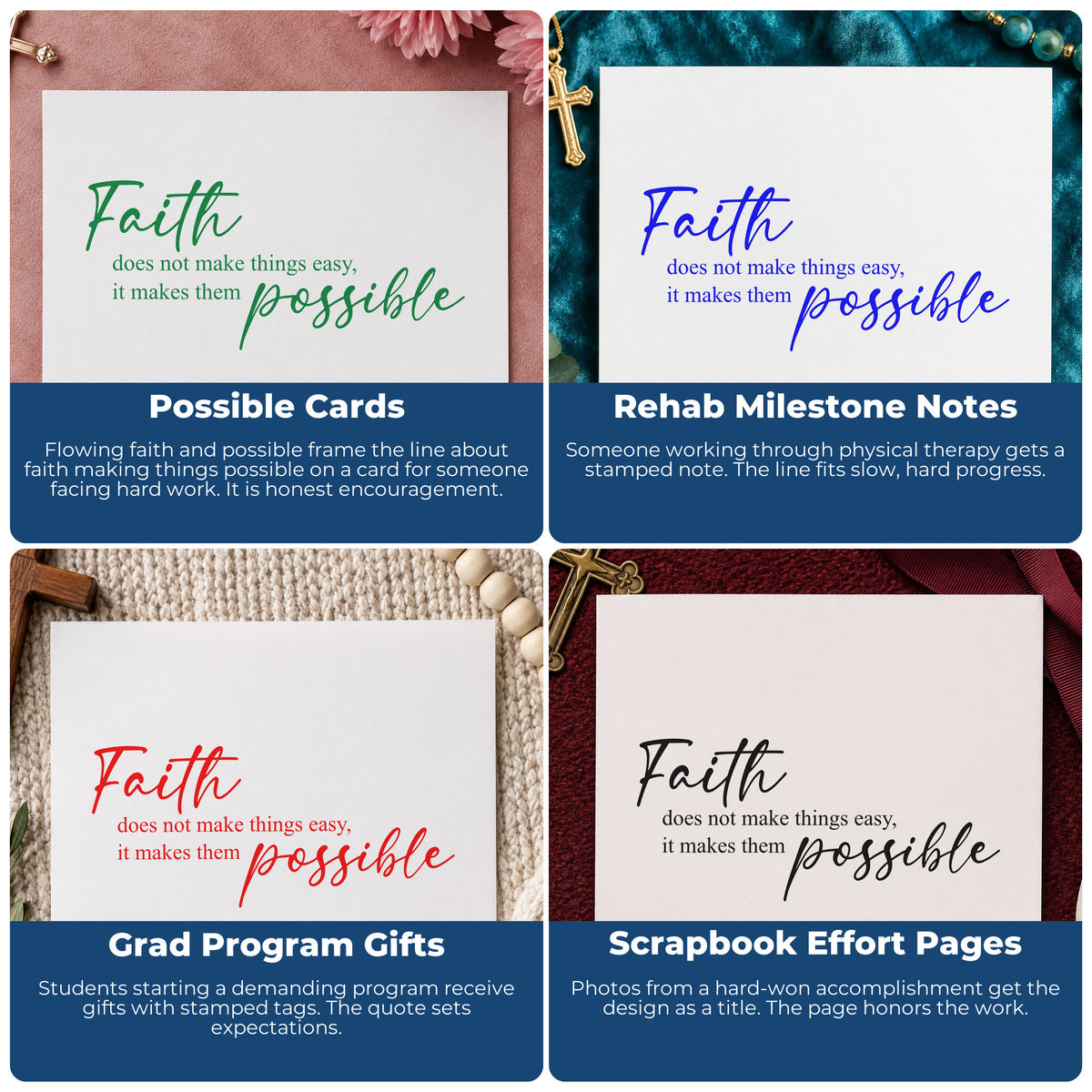 Four ways to use the Vintage Pro Faith Makes Things Possible Script Premium Wooden Stamp: possible cards, rehab milestone notes, grad program gifts and scrapbook effort pages.
