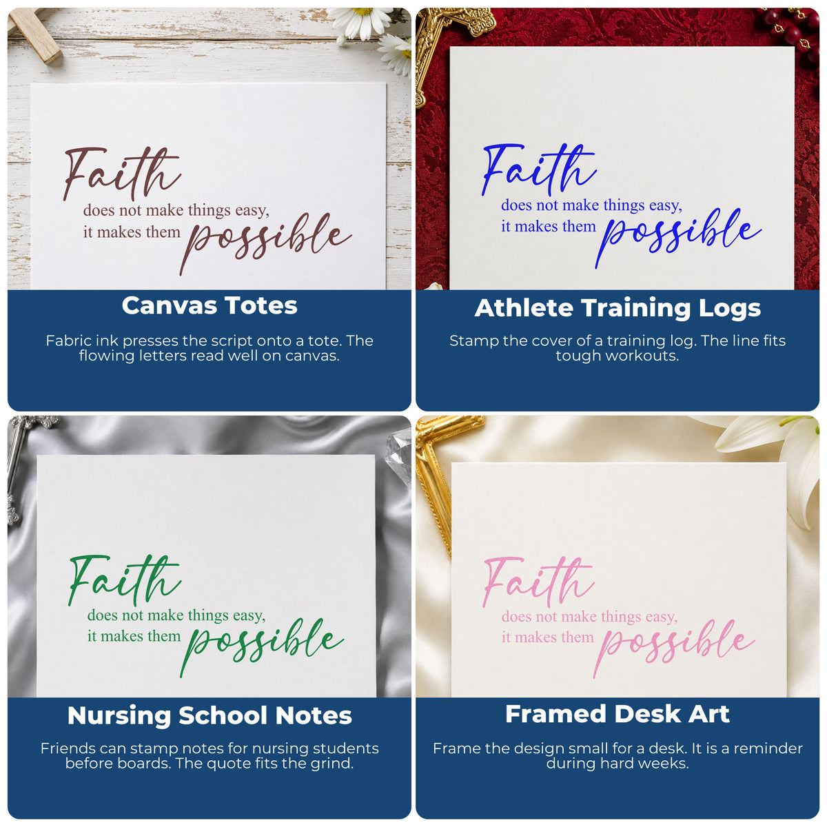 Four ways to use the Vintage Pro Faith Makes Things Possible Script Premium Wooden Stamp: canvas totes, athlete training logs, nursing school notes and framed desk art.