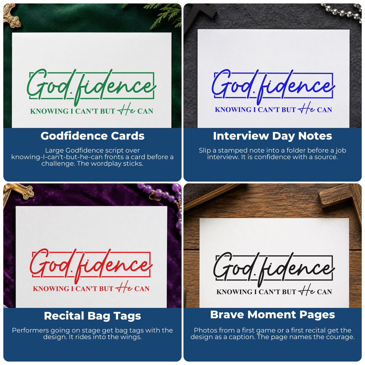 Four ways to use the Godfidence Script Frame Rubber Stamp – Wood Handle: godfidence cards, interview day notes, recital bag tags and brave moment pages.