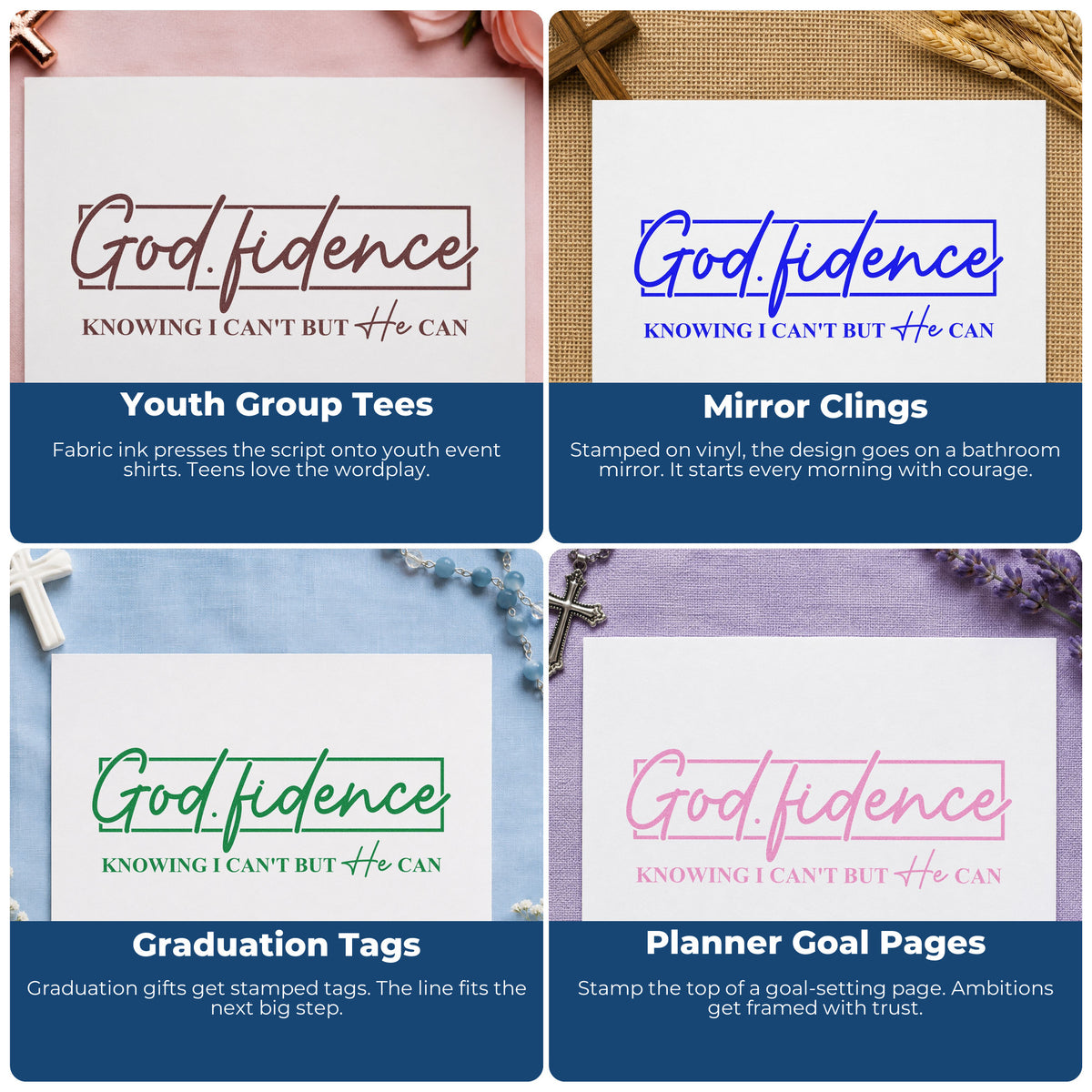 Four ways to use the Godfidence Script Frame Rubber Stamp – Wood Handle: youth group tees, mirror clings, graduation tags and planner goal pages.