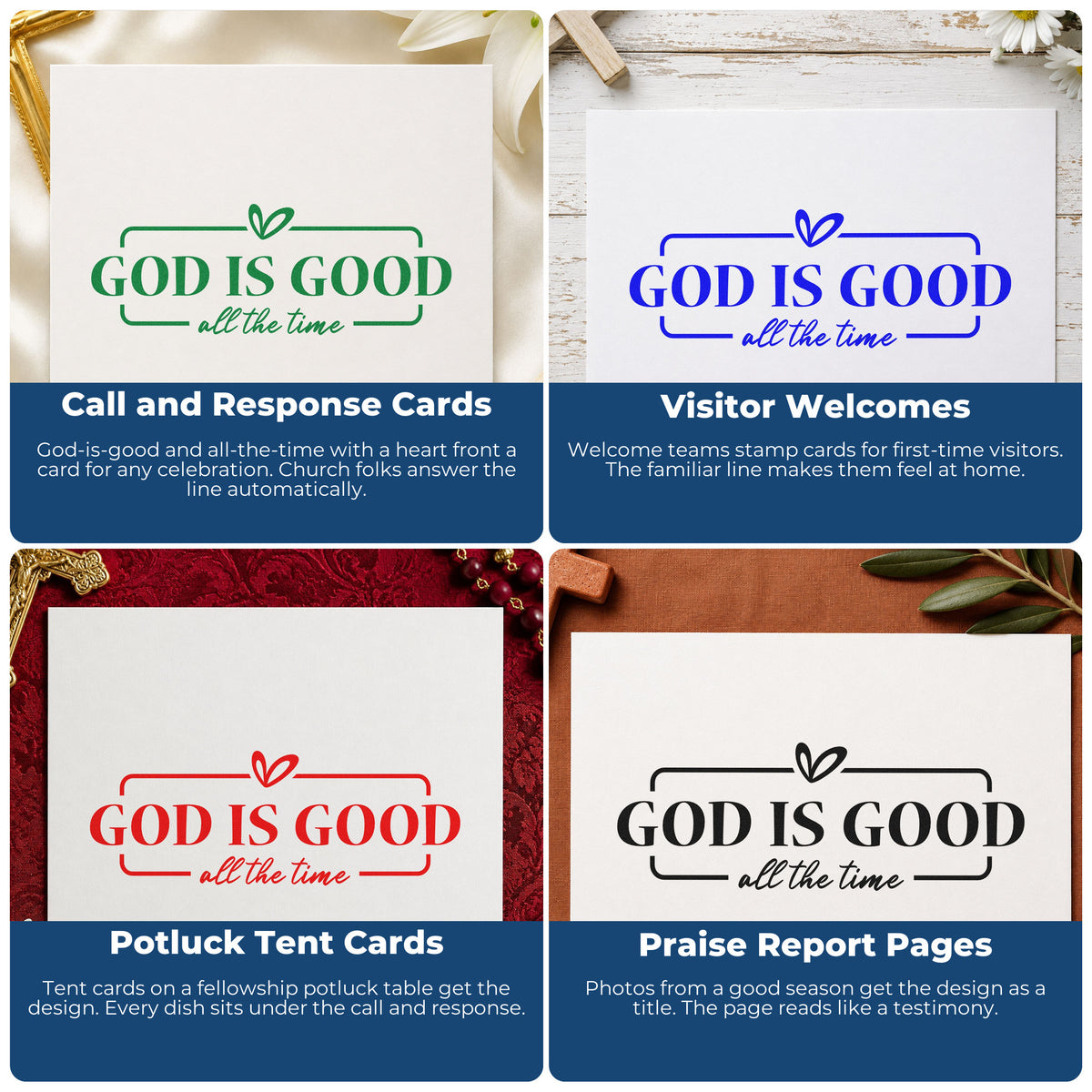 Four ways to use the God Is Good With Hearts Stamp - Premium Vintage Pro Wooden: call and response cards, visitor welcomes, potluck tent cards and praise report pages.