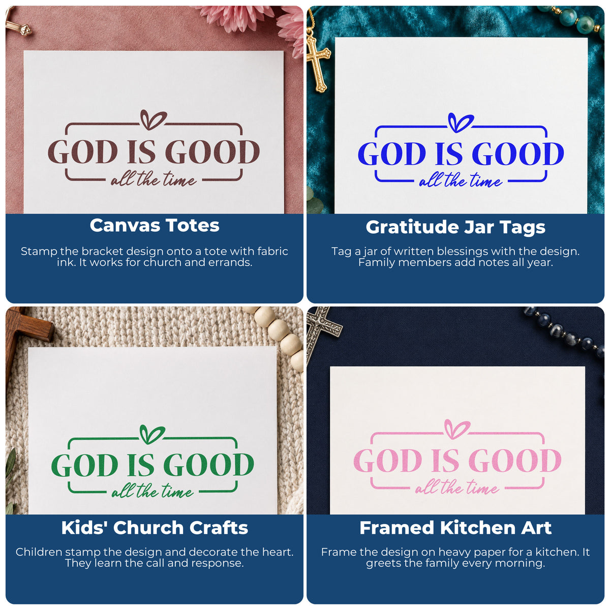 Four ways to use the God Is Good With Hearts Self-Inking Craft Stamp: canvas totes, gratitude jar tags, kids' church crafts and framed kitchen art.