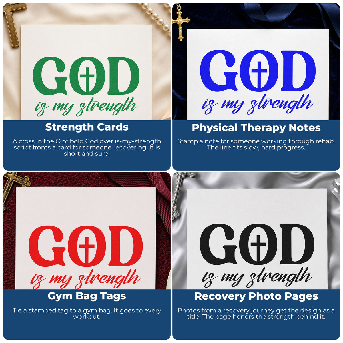Four ways to use the God Is My Strength Self-Inking Stamp: strength cards, physical therapy notes, gym bag tags and recovery photo pages.