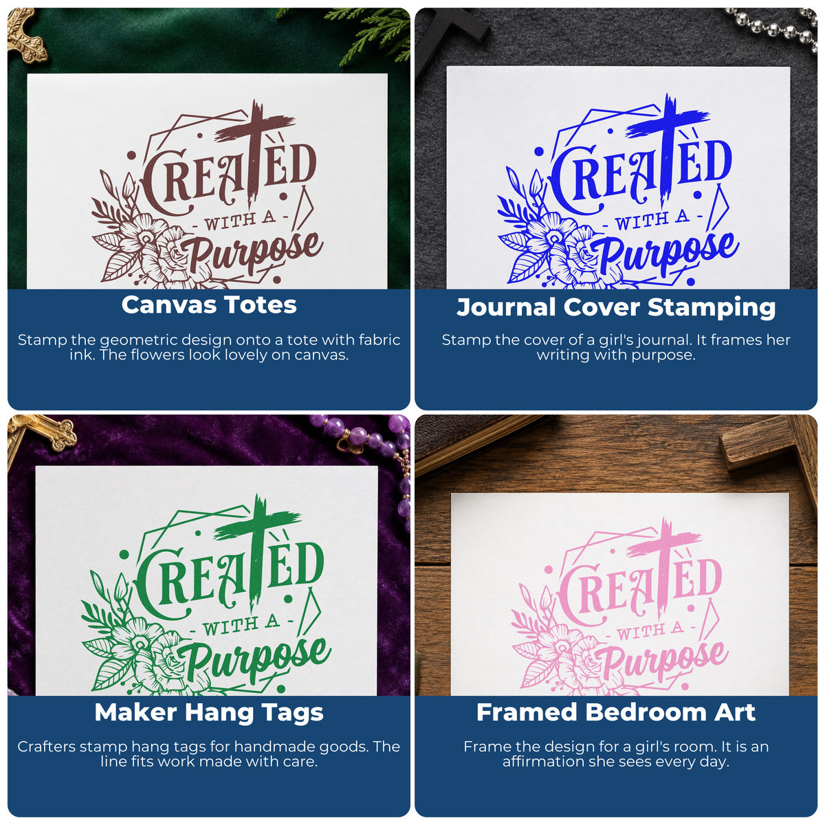 Four ways to use the Self-Inking Created With A Purpose Brushstroke Cross Stamp: canvas totes, journal cover stamping, maker hang tags and framed bedroom art.