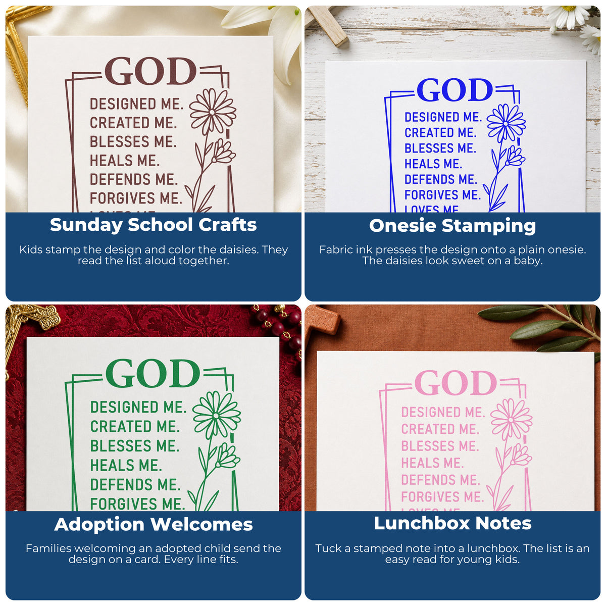 Four ways to use the Wood Handle God Designed Me Rubber Stamp: sunday school crafts, onesie stamping, adoption welcomes and lunchbox notes.