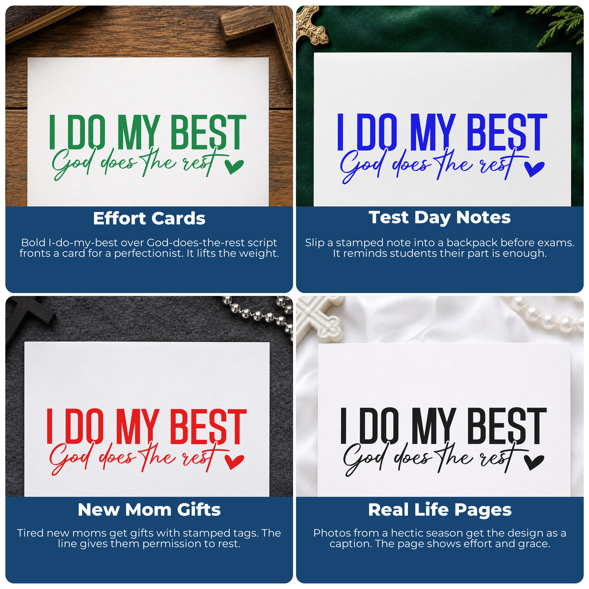 Four ways to use the I Do My Best Rubber Stamp – Wood Handle: effort cards, test day notes, new mom gifts and real life pages.