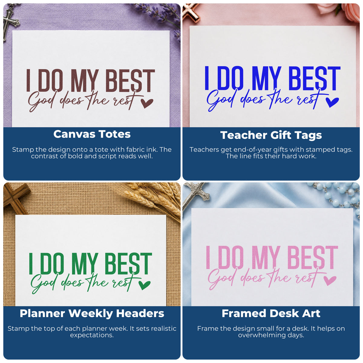 Four ways to use the I Do My Best Rubber Stamp – Wood Handle: canvas totes, teacher gift tags, planner weekly headers and framed desk art.