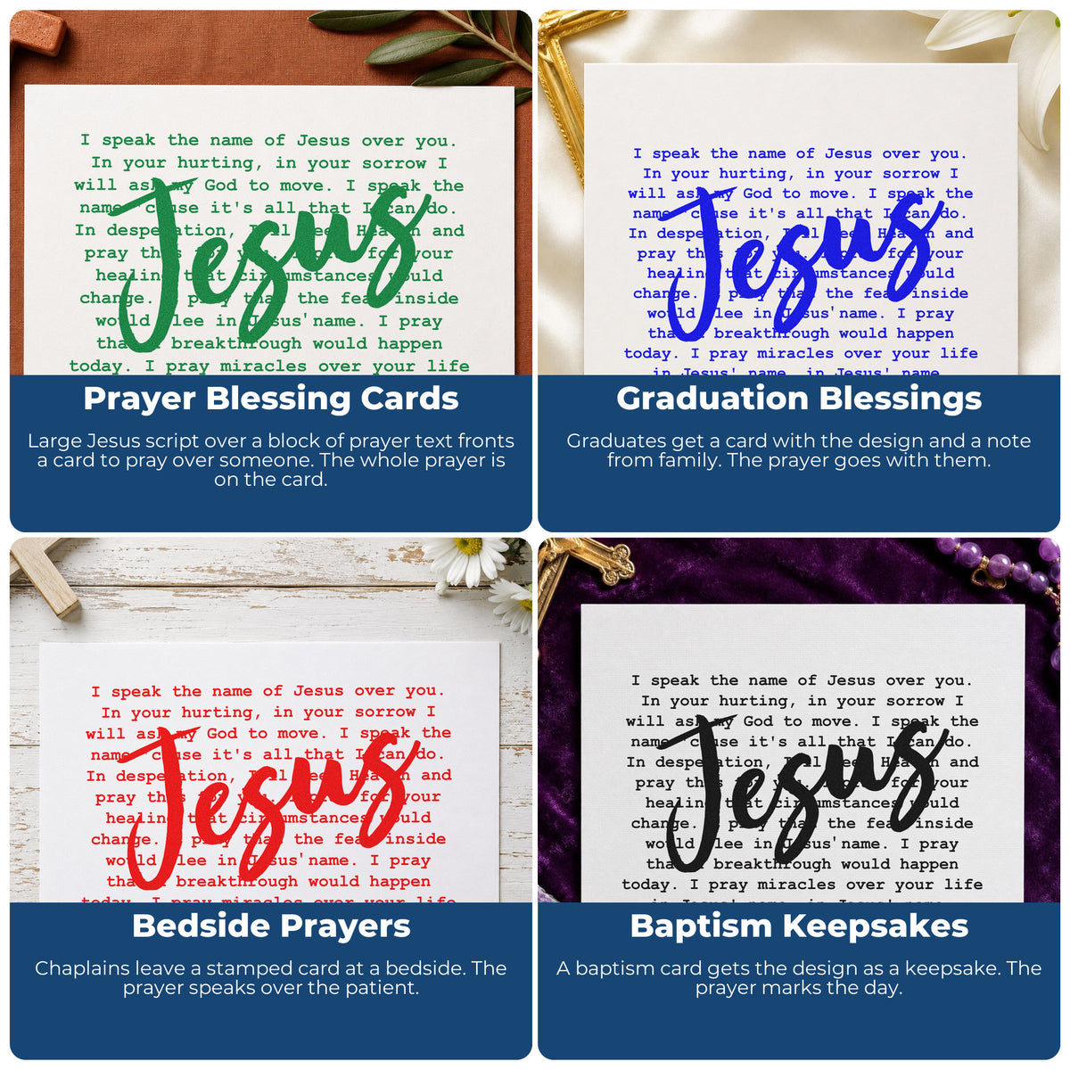 Four ways to use the I Speak The Name Of Jesus Over You Self-Inking Stamp: prayer blessing cards, graduation blessings, bedside prayers and baptism keepsakes.